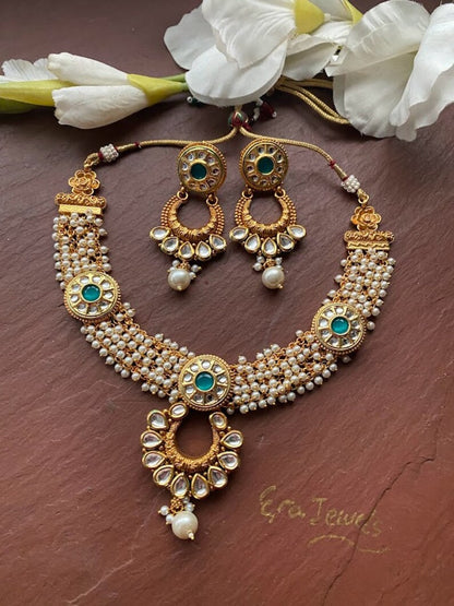 Antique Gold Multicolour Polki Coller Choker Necklace Set