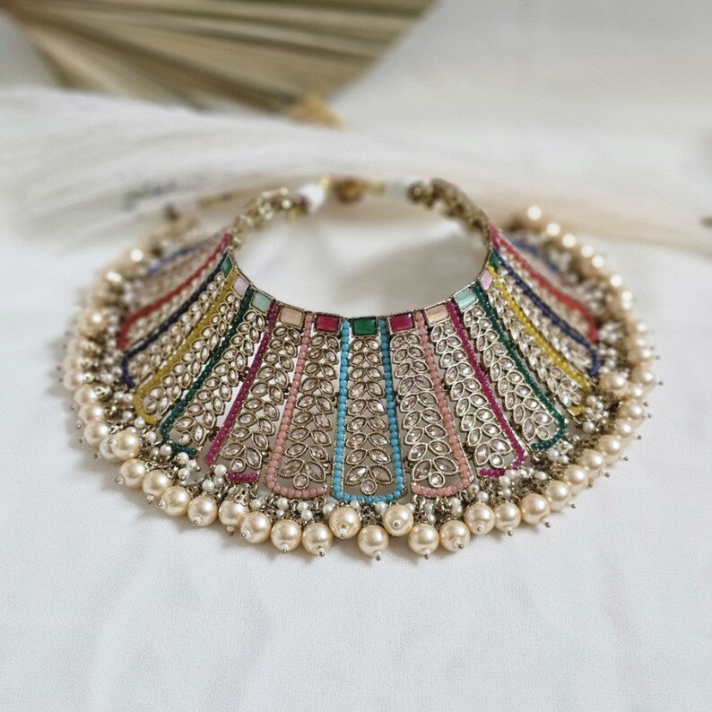 Antique Gold Multicolour Polki Coller Choker Necklace Set
