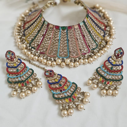 Antique Gold Multicolour Polki Coller Choker Necklace Set