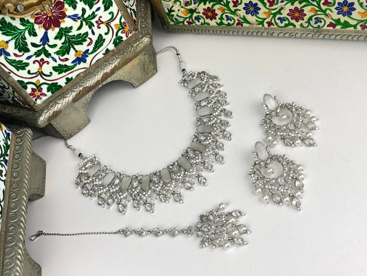 Silver Frosted Marquise Cut Necklace Set