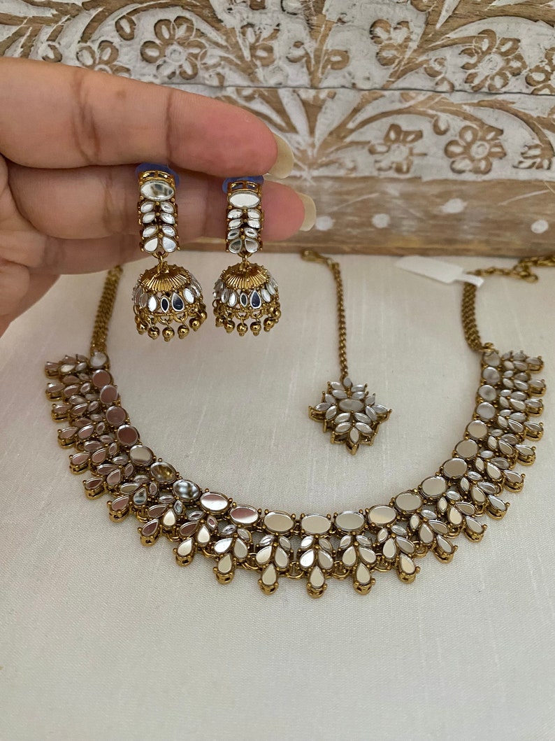 Green Multicolor Mirror Choker Necklace set