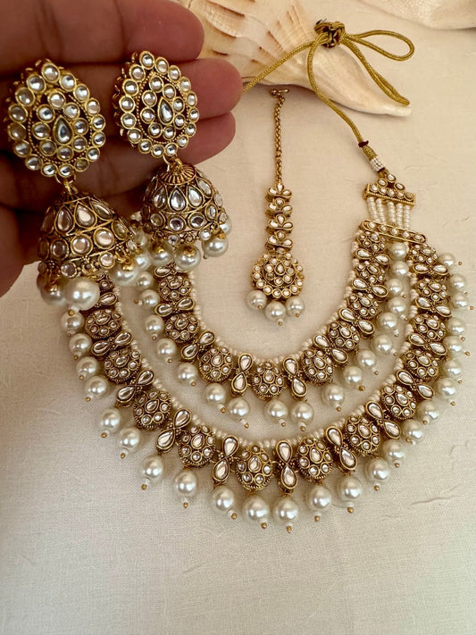 White Green Turquoise Blue Gold Kundan Tiered Layered Necklace set