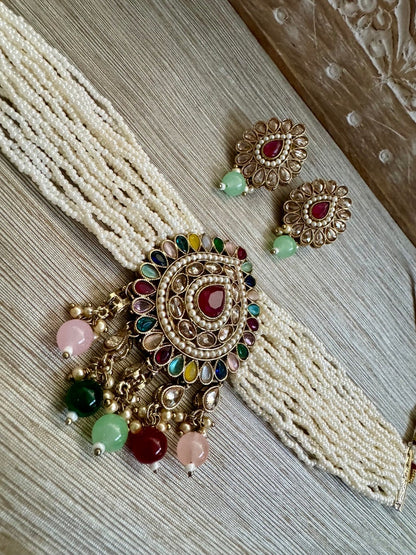 Red Pink Blue Green Multi Mint Black Antique Gold Pearl Polki Choker Necklace Set