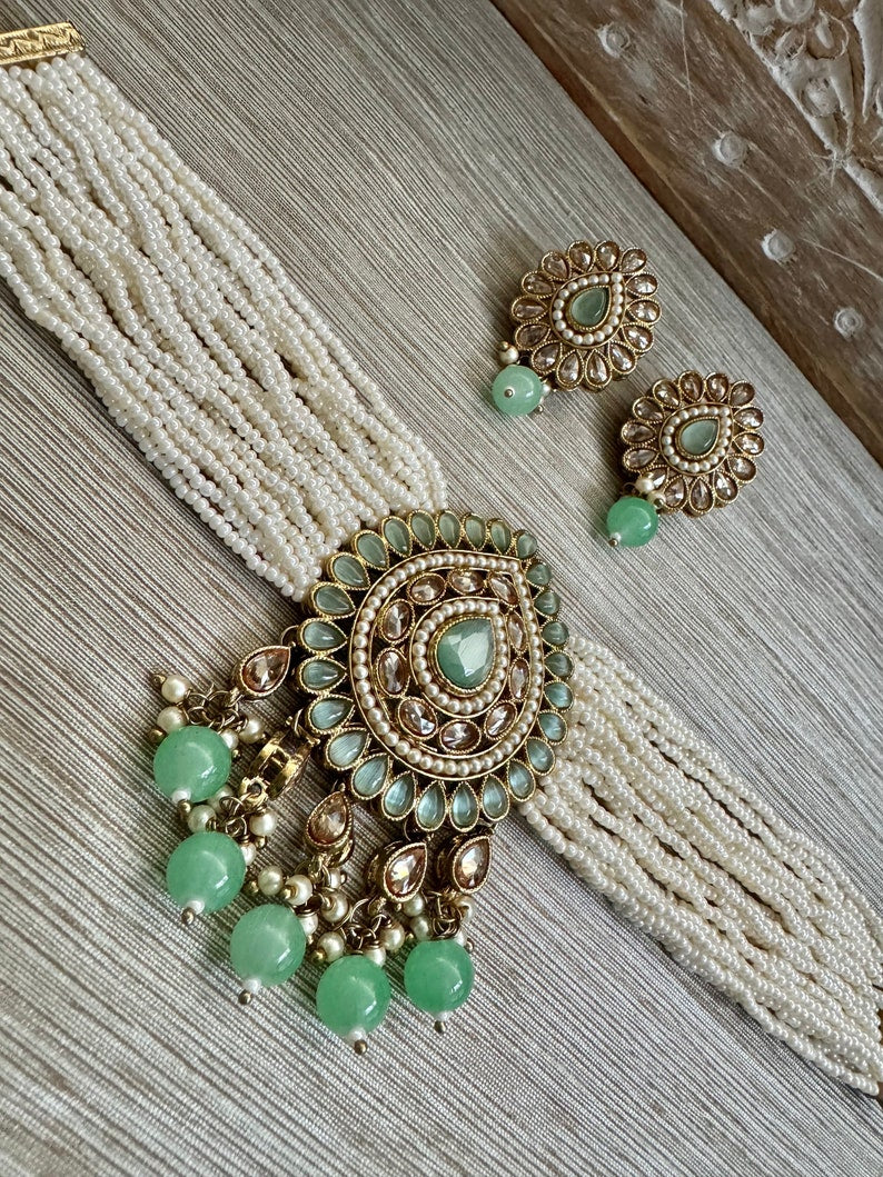 Red Pink Blue Green Multi Mint Black Antique Gold Pearl Polki Choker Necklace Set