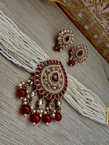 Red Pink Blue Green Multi Mint Black Antique Gold Pearl Polki Choker Necklace Set