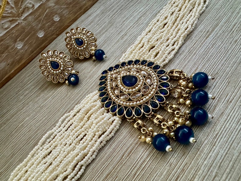 Red Pink Blue Green Multi Mint Black Antique Gold Pearl Polki Choker Necklace Set