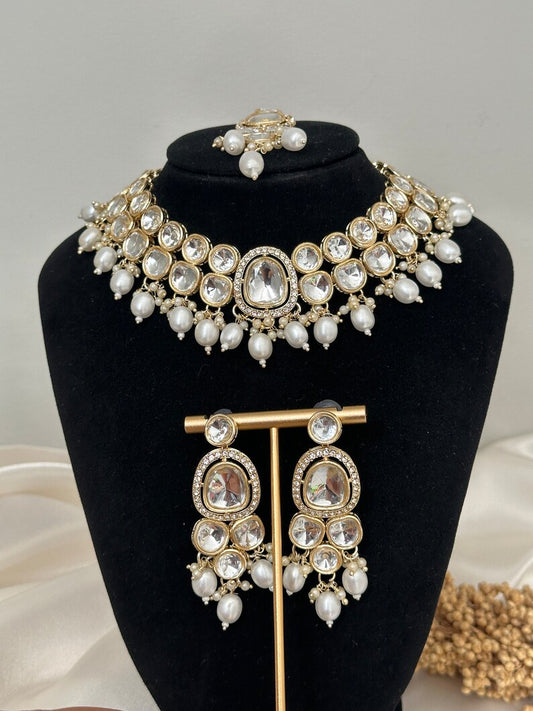 Pearl Uncut Kundan Choker Jhumki Tikka Set