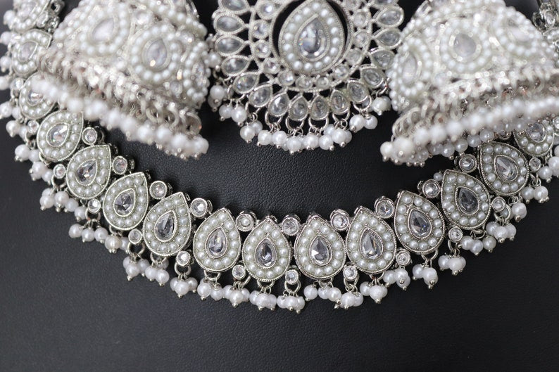 Simi Silver Polki Choker Necklace set