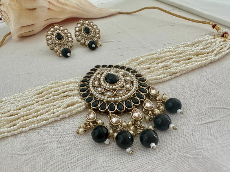 Red Pink Blue Green Multi Mint Black Antique Gold Pearl Polki Choker Necklace Set