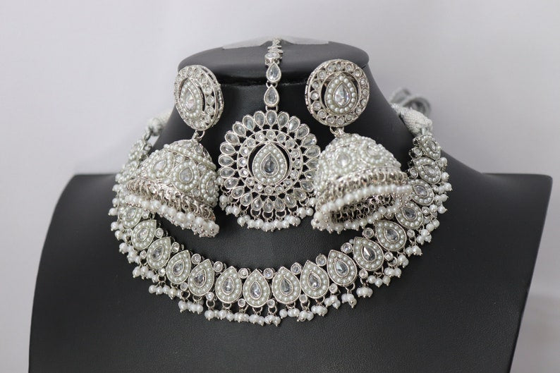Simi Silver Polki Choker Necklace set