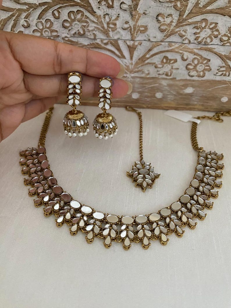 Green Multicolor Mirror Choker Necklace set