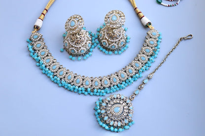 Simi Turquoise Aqua Polki Choker Necklace set