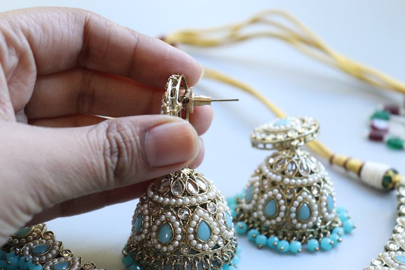 Simi Turquoise Aqua Polki Choker Necklace set