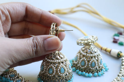 Simi Turquoise Aqua Polki Choker Necklace set