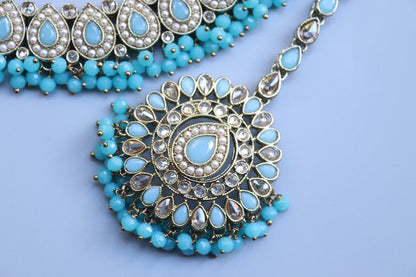 Simi Turquoise Aqua Polki Choker Necklace set