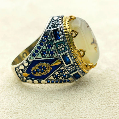 Mens Agate Gemstone Silver Ring