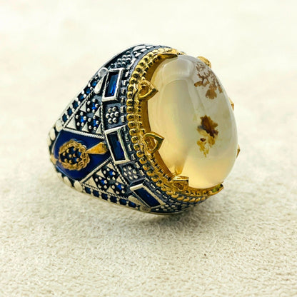 Mens Agate Gemstone Silver Ring