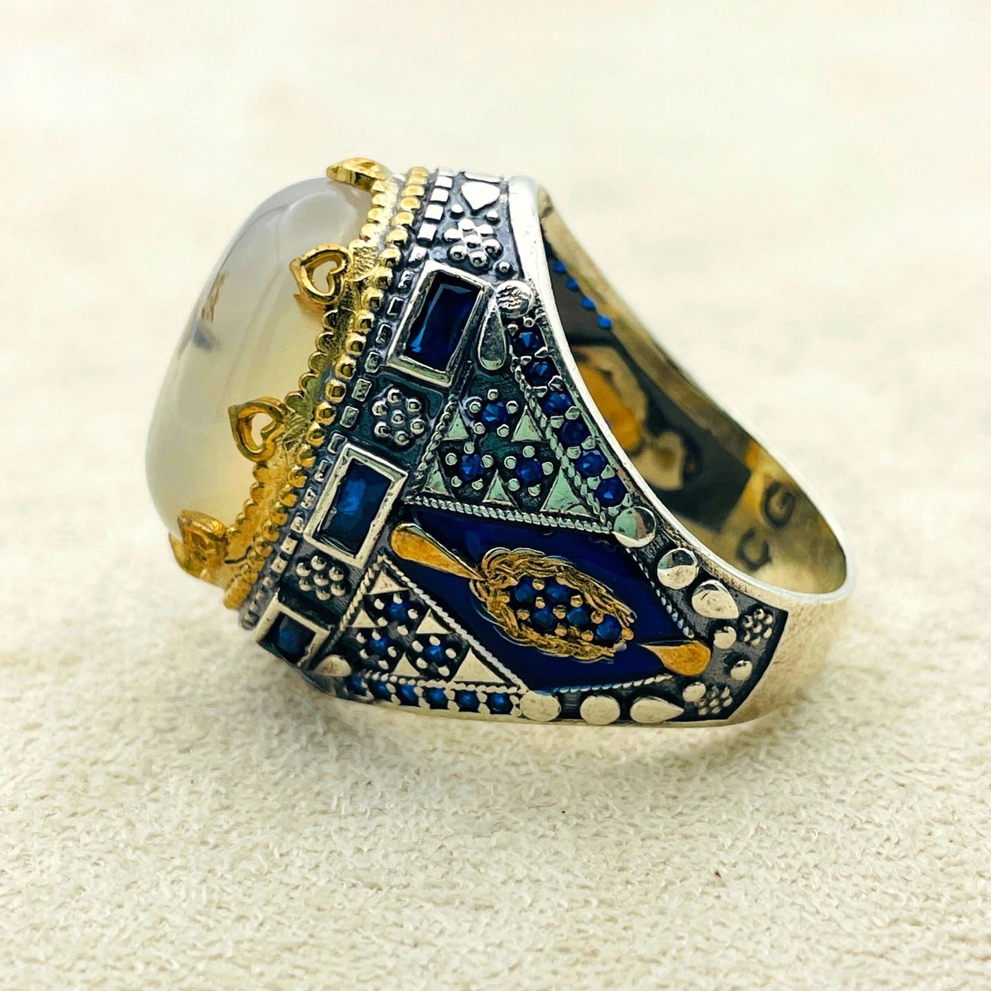 Mens Agate Gemstone Silver Ring