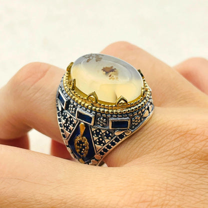 Mens Agate Gemstone Silver Ring