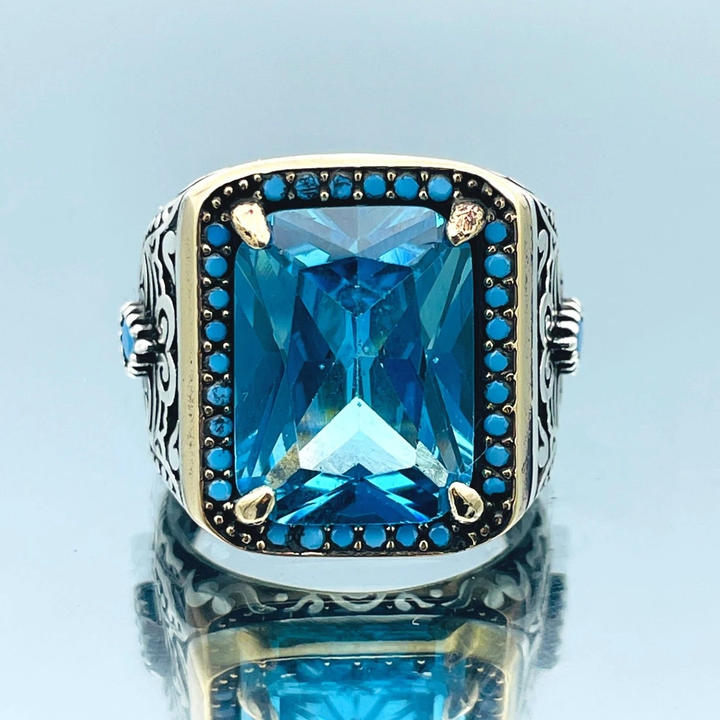 Mens Blue Aquamarine Stone Ring