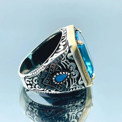 Mens Blue Aquamarine Stone Ring