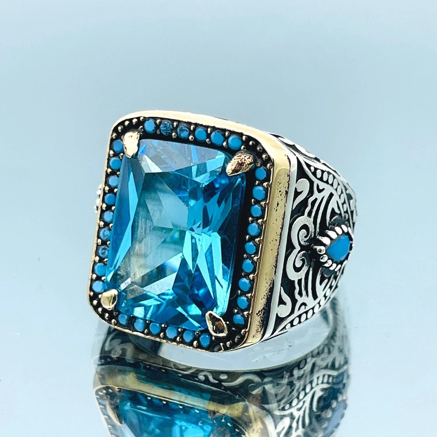 Mens Blue Aquamarine Stone Ring