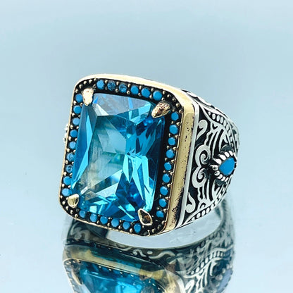 Mens Blue Aquamarine Stone Ring
