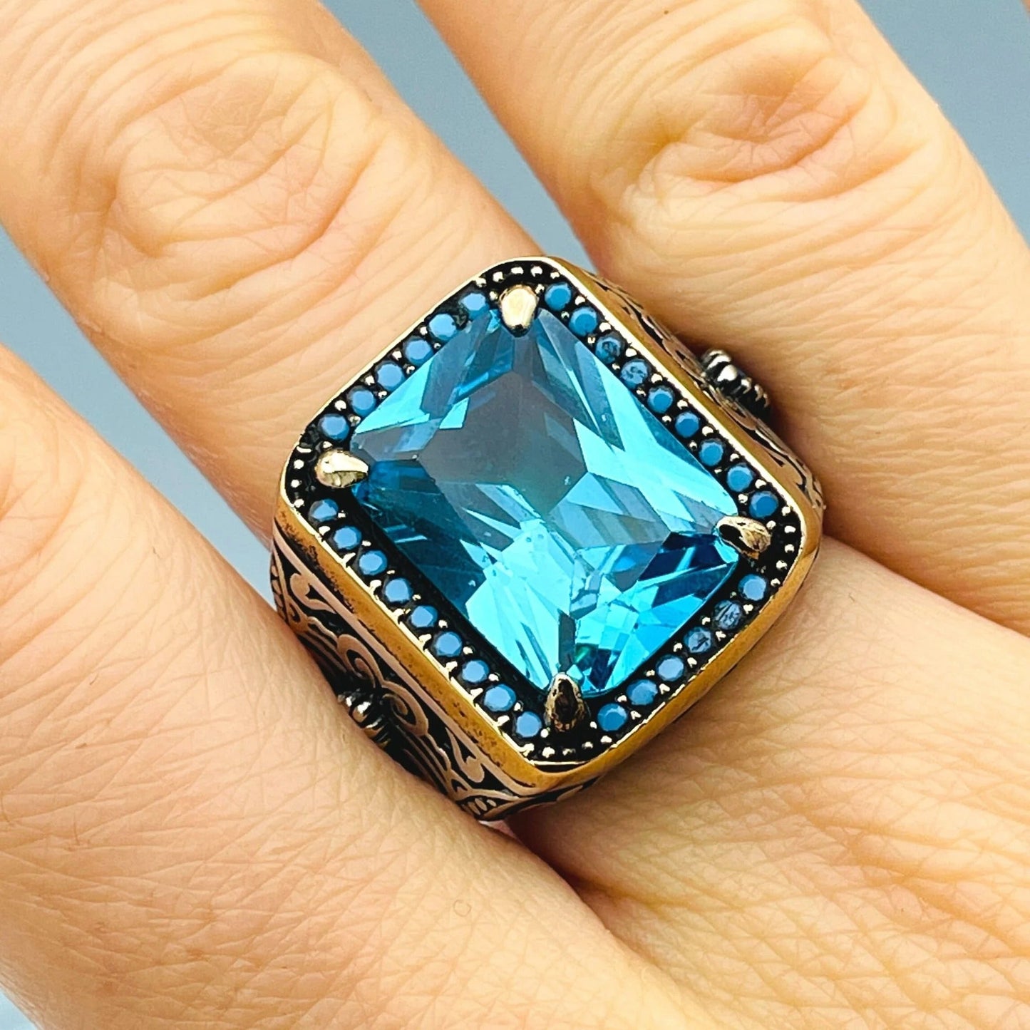 Mens Blue Aquamarine Stone Ring