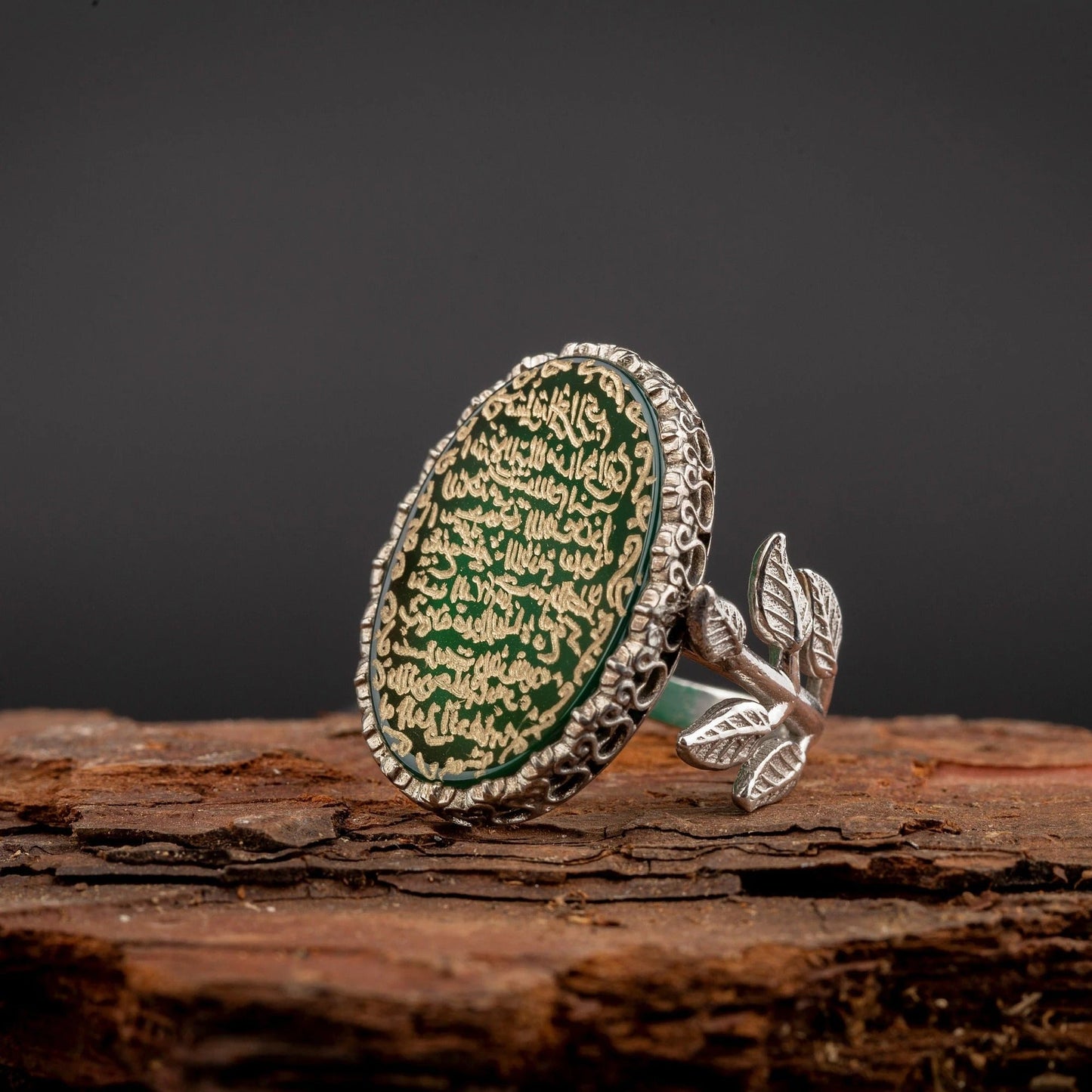 Ayat Al Kursi Green Aqeeq Silver Women Ring
