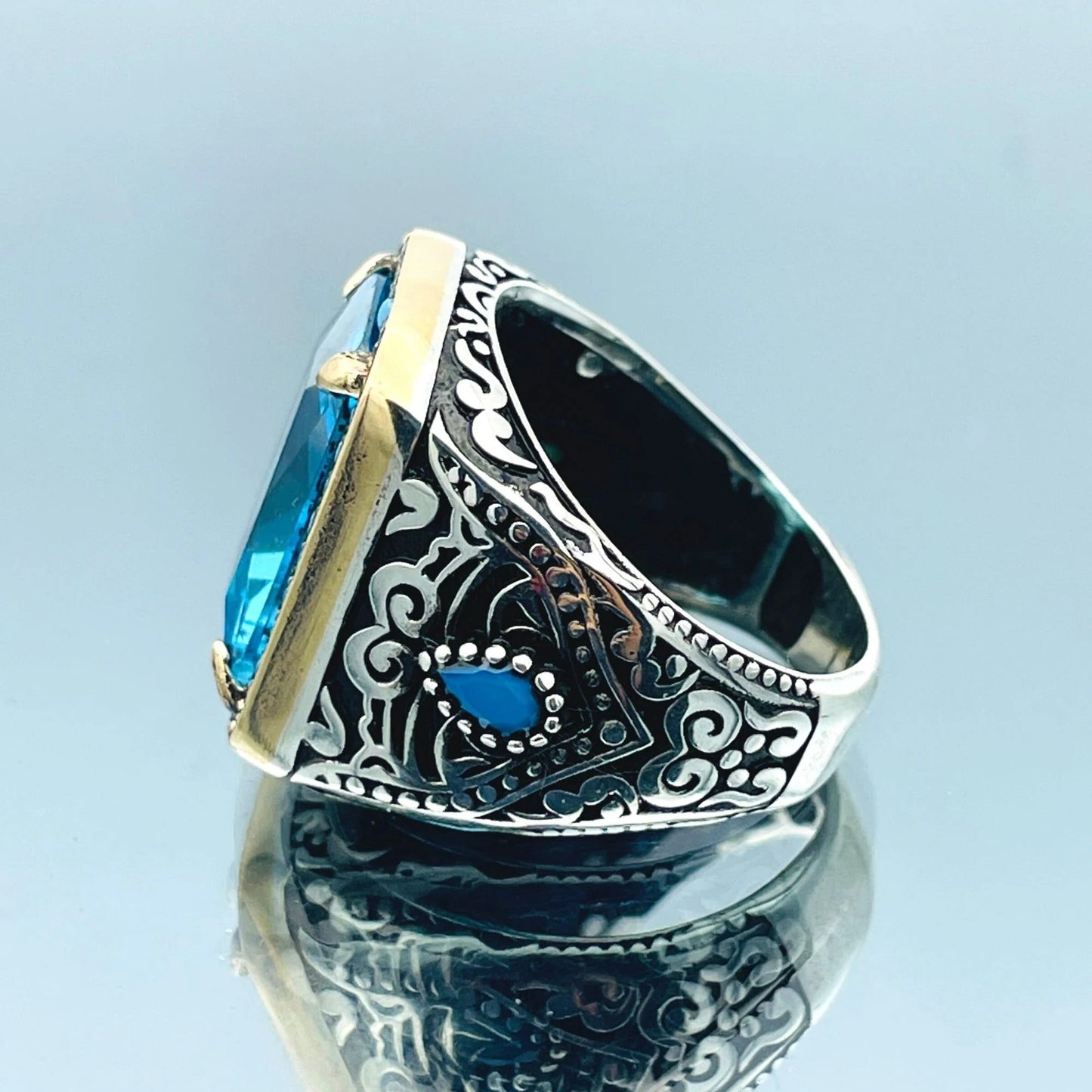 Mens Blue Aquamarine Stone Ring