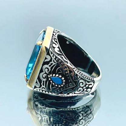 Mens Blue Aquamarine Stone Ring