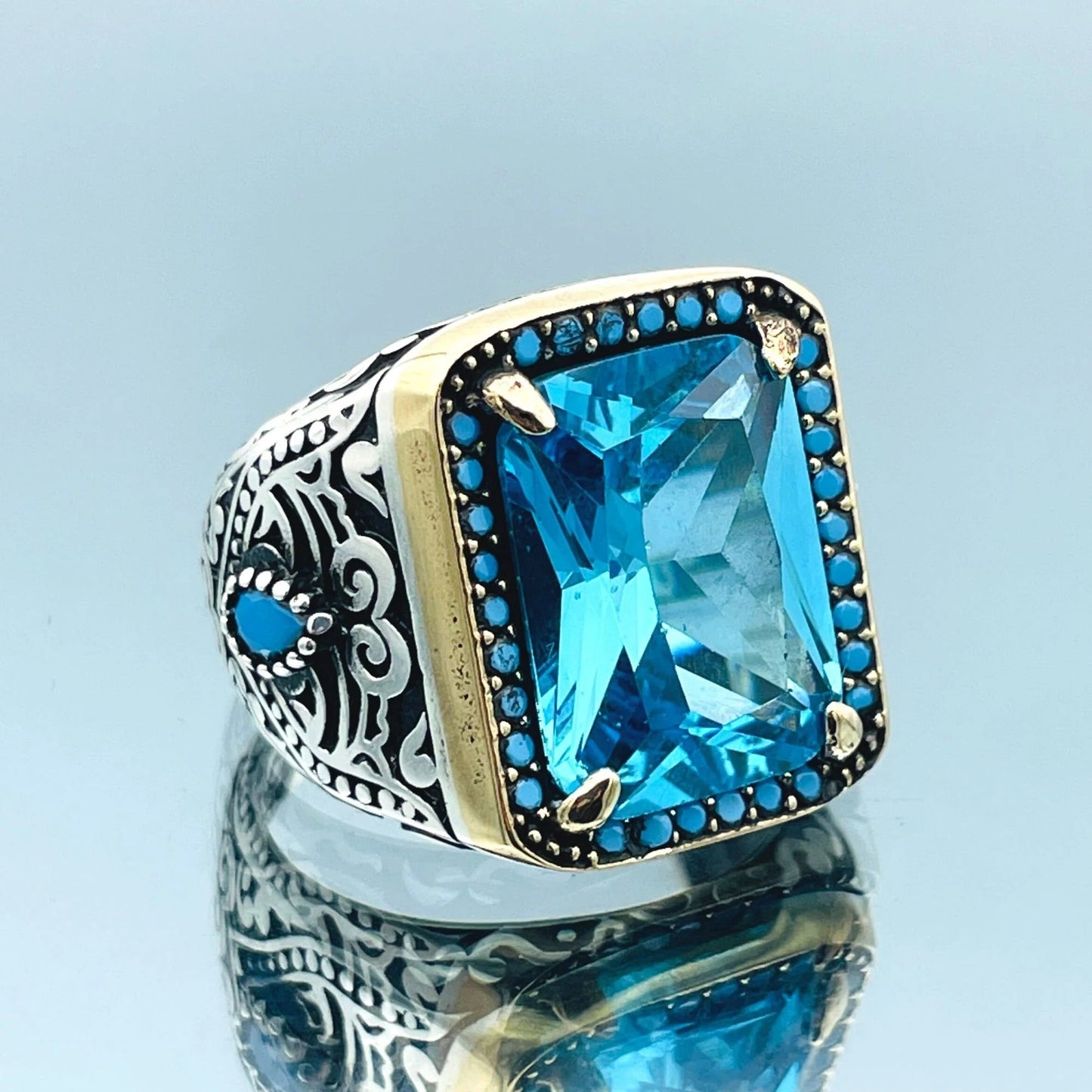 Mens Blue Aquamarine Stone Ring
