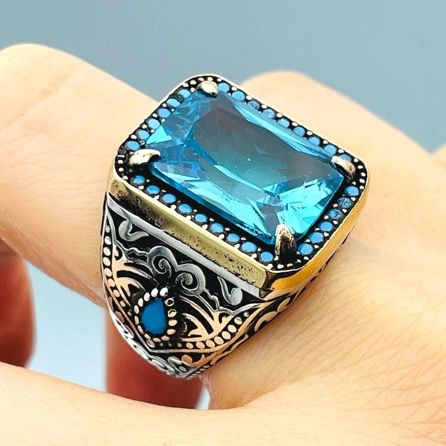 Mens Blue Aquamarine Stone Ring