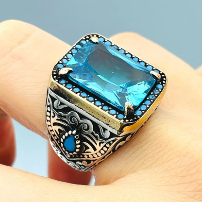 Mens Blue Aquamarine Stone Ring