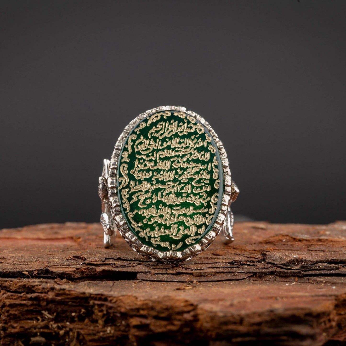Ayat Al Kursi Green Aqeeq Silver Women Ring
