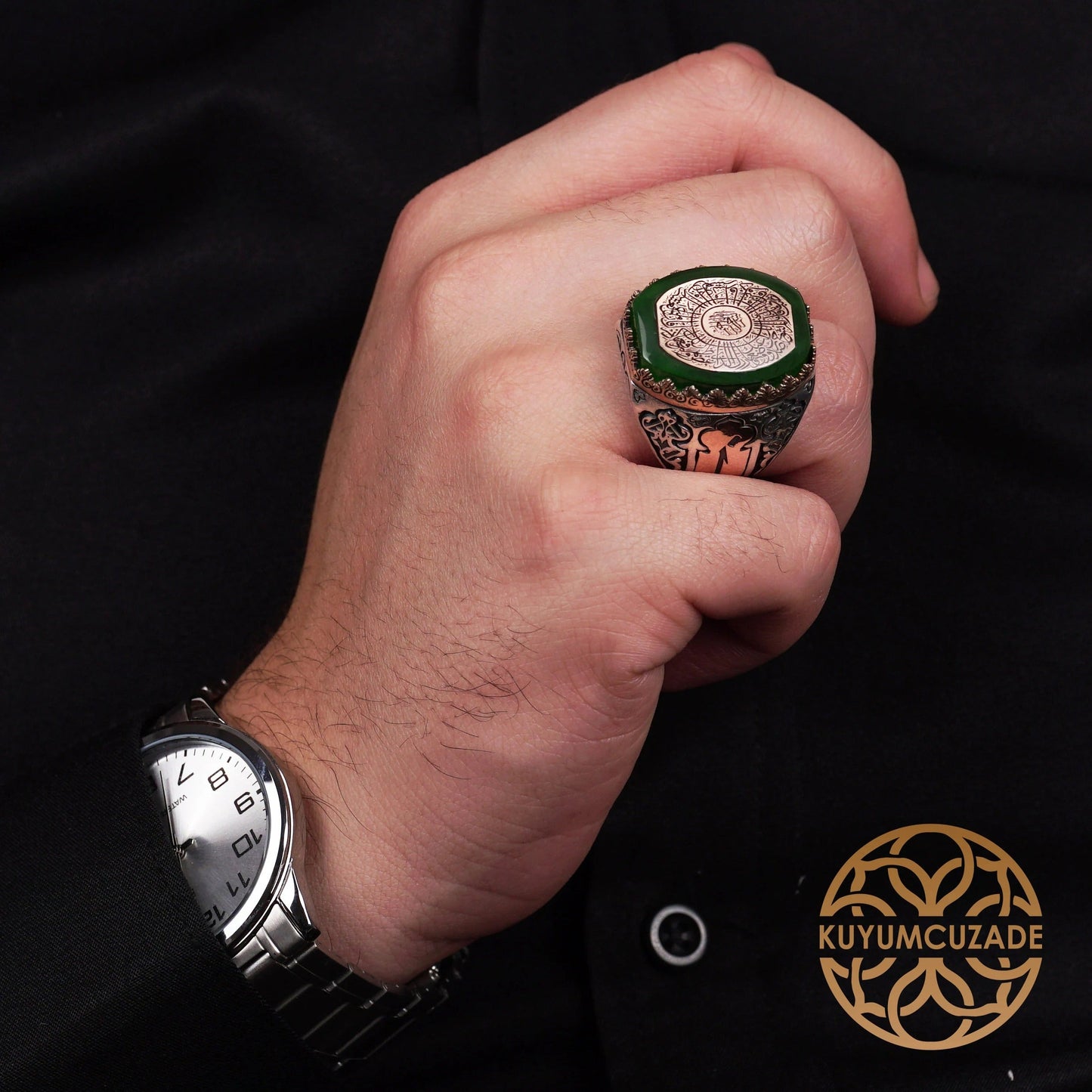 Green Fire Amber Stone  Sterling Silver Ring