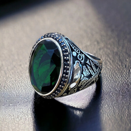Green Emerald Stone Silver Ring