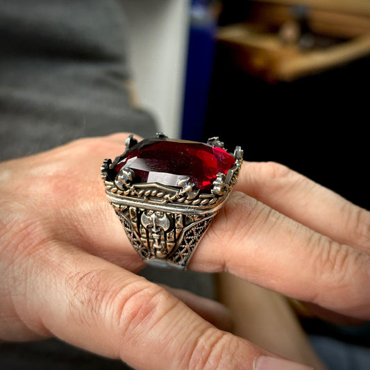 Mens Silver Large Ruby Stone Ring
