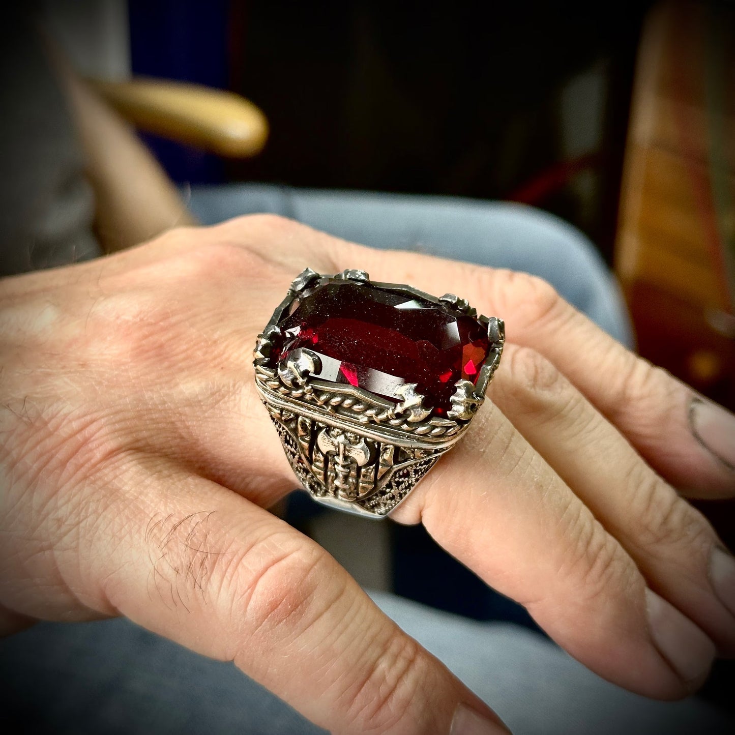 Mens Silver Large Ruby Stone Ring