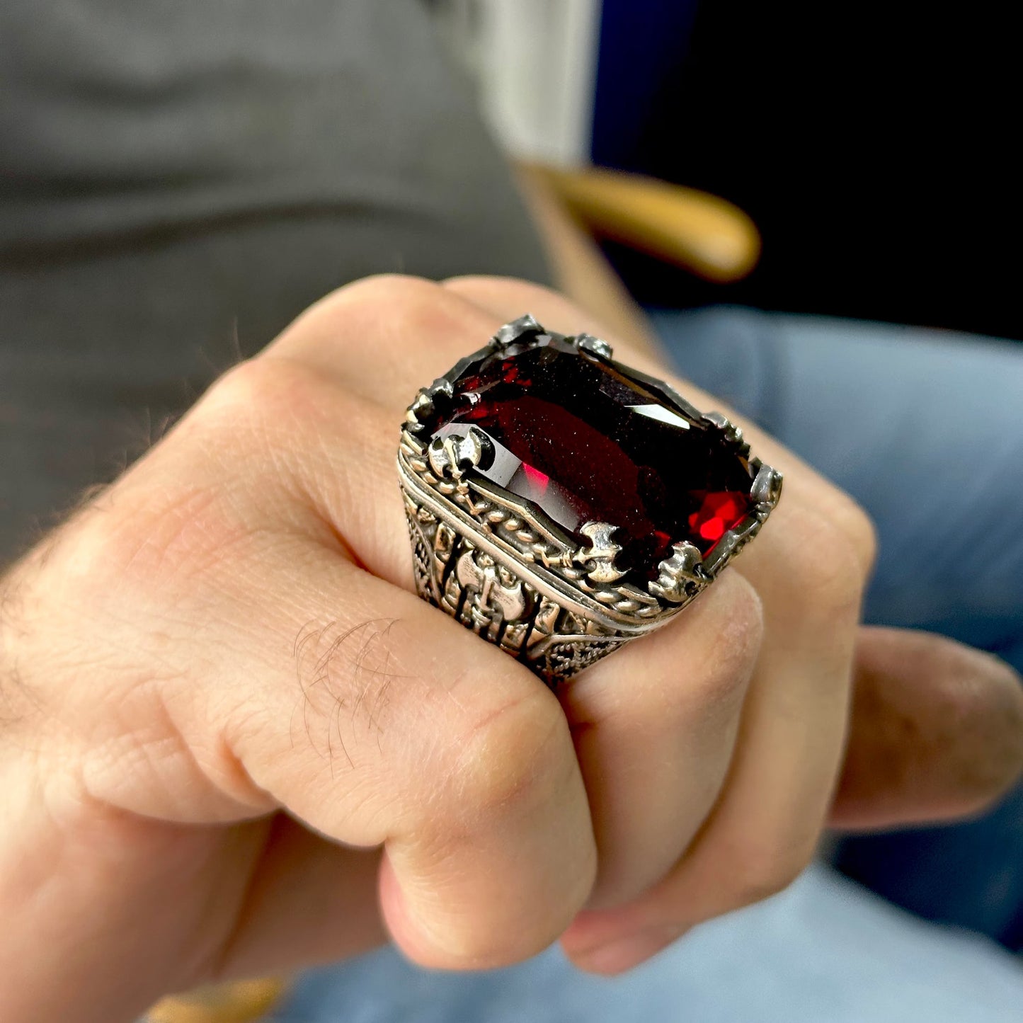 Mens Silver Large Ruby Stone Ring