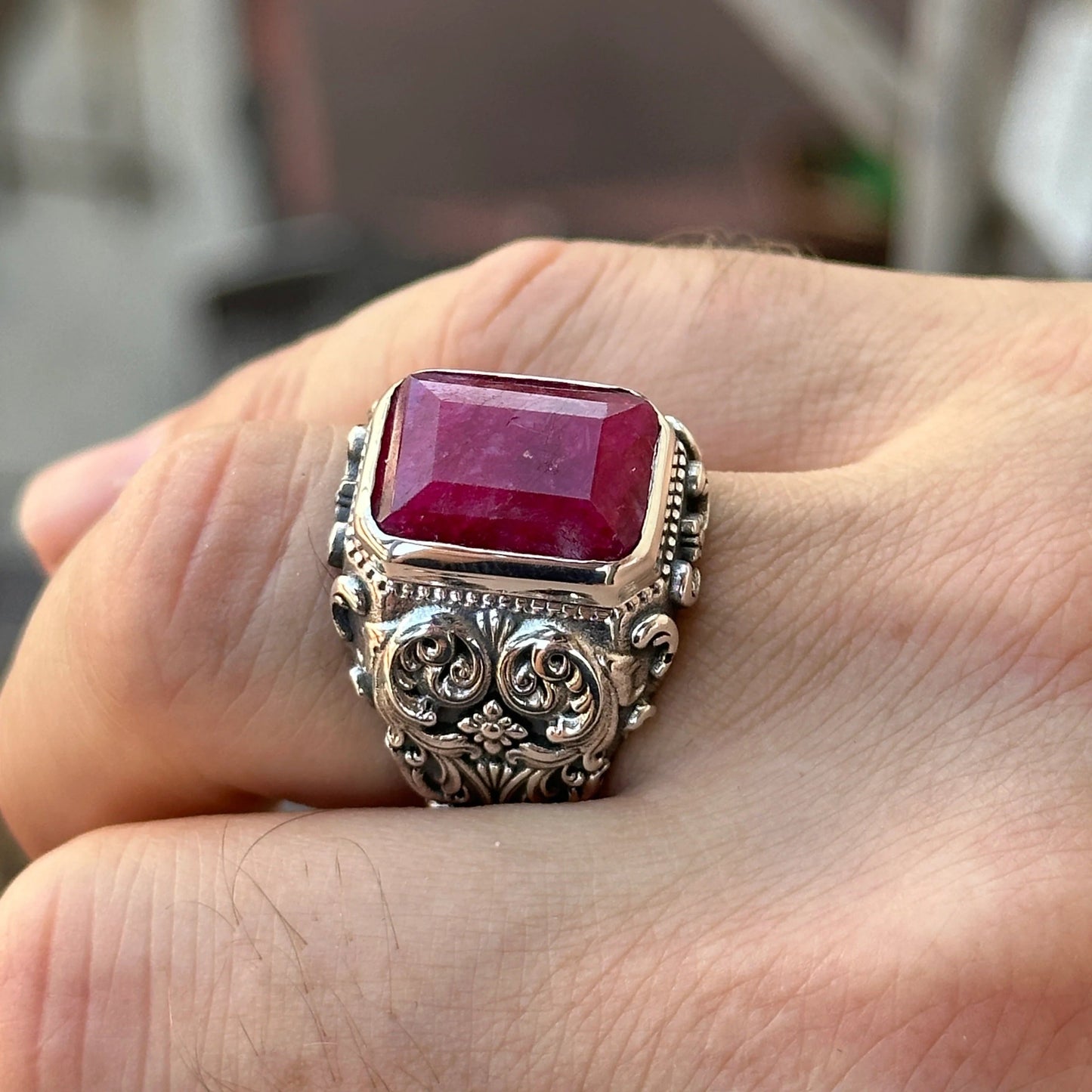 Mens Handmade Natural Ruby Stone Ring