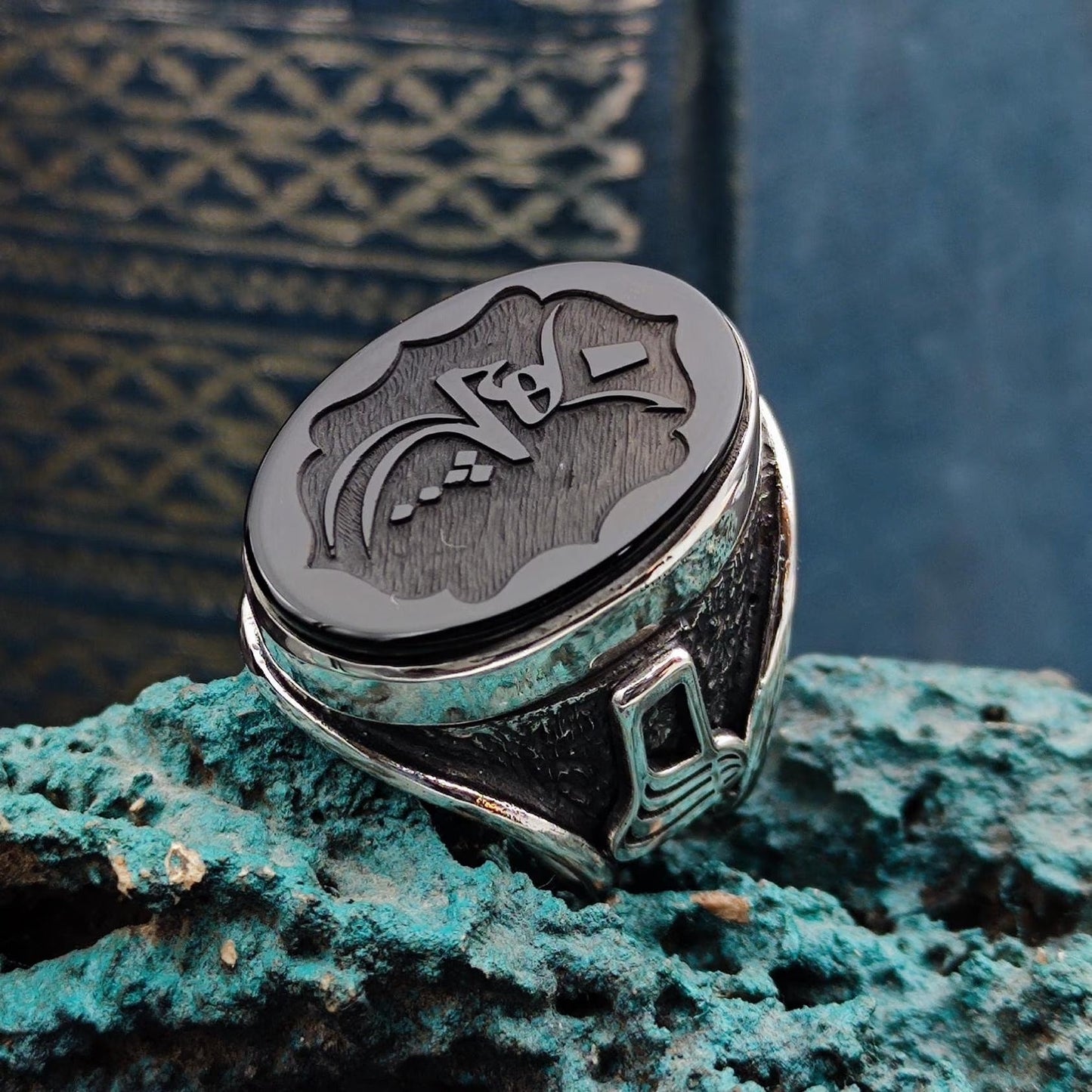 Men ring with Arabic "Nothing" written on Black Onyx