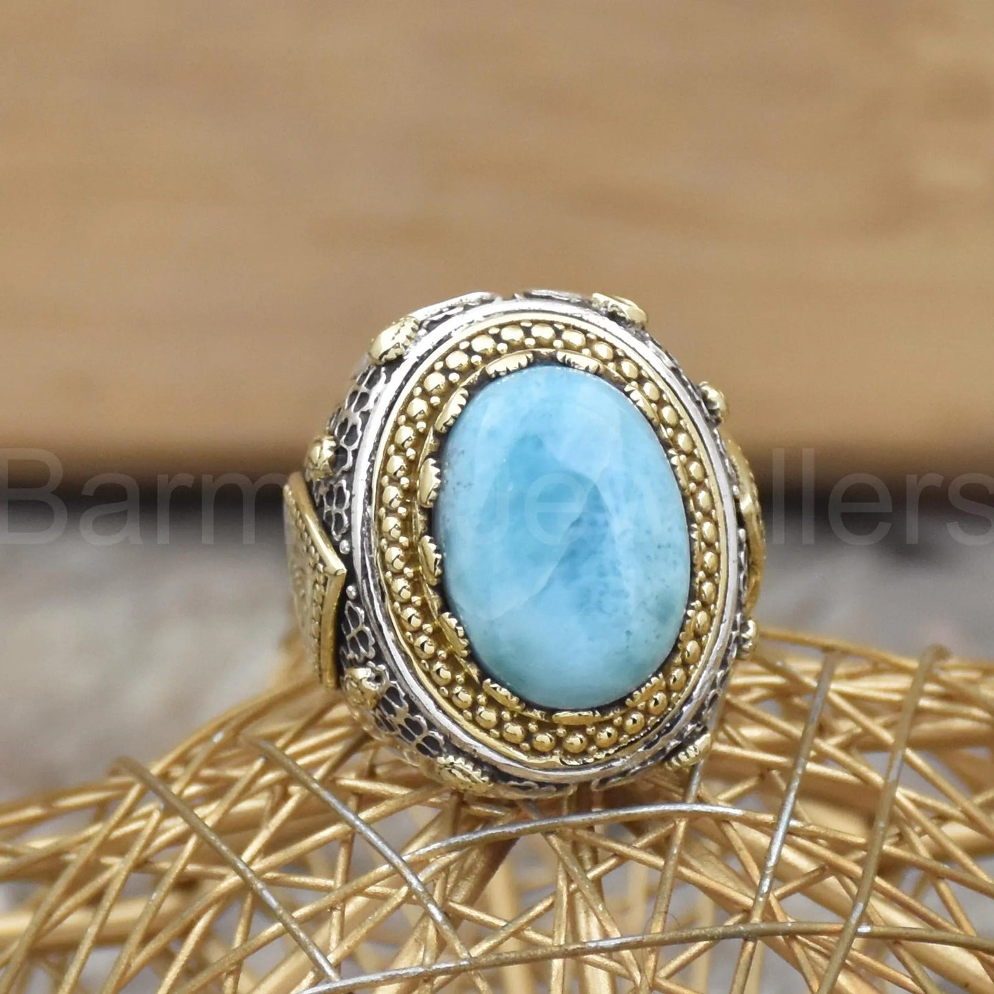 Natural Larimar Gemstone Two Tone Ring