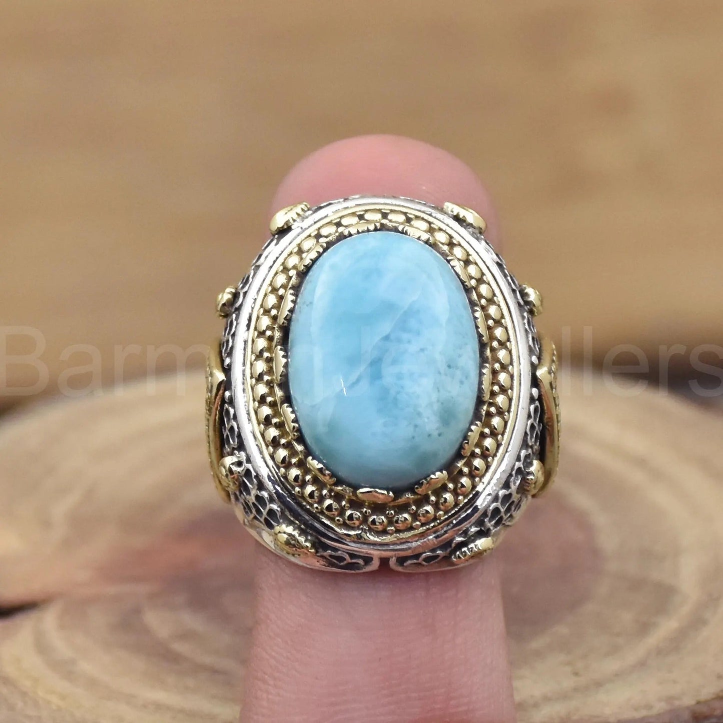 Natural Larimar Gemstone Two Tone Ring