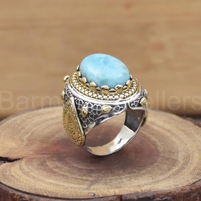 Natural Larimar Gemstone Two Tone Ring