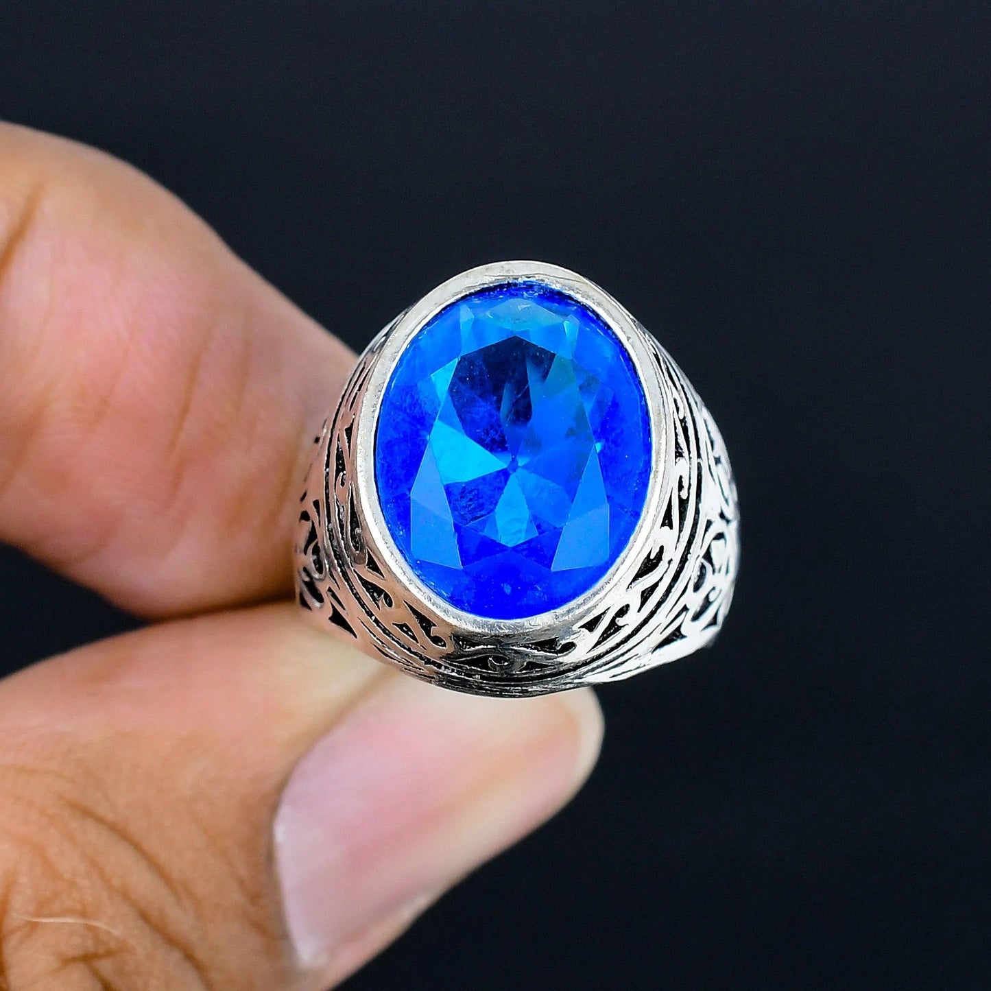 Blue Topaz Gemstone Silver Men's Ring