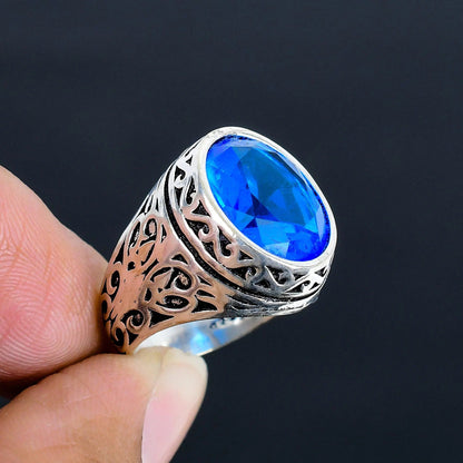Blue Topaz Gemstone Silver Men's Ring