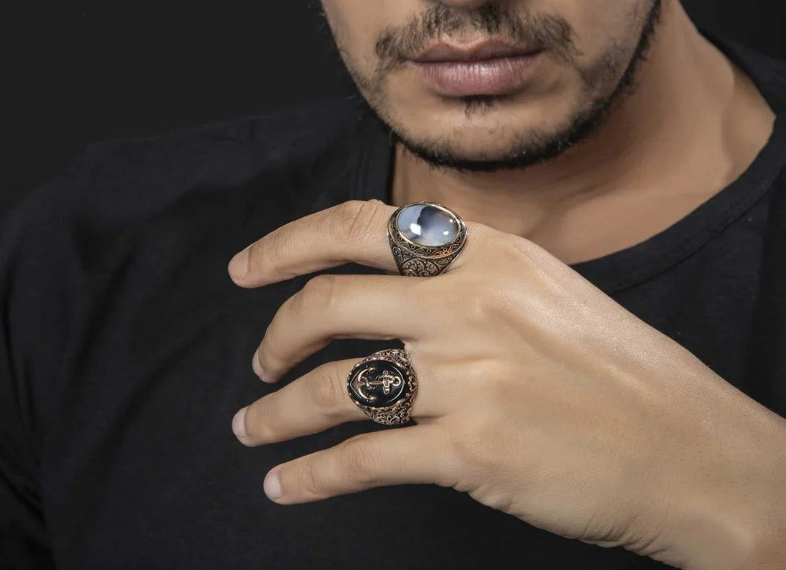 Turkish Style Sailor's Anchor Ring with Natural Black Onyx