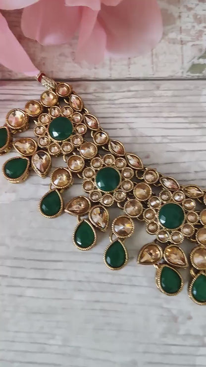 Green Antique Gold Kundan Stone necklace set