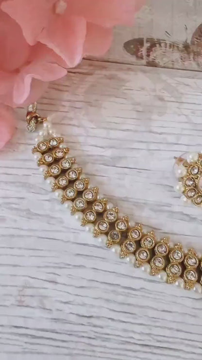 Simple Gold Silver Kundan Stone Flexible Indian Necklace set